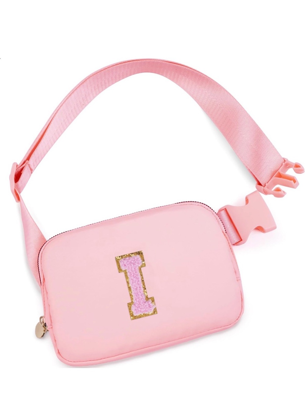 Pink Crossbody Belt Bag with Pink Chenille “I” Accent